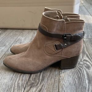 Unisa Taupe Suede Ankle Booties with Dark Brown Buckle Strap